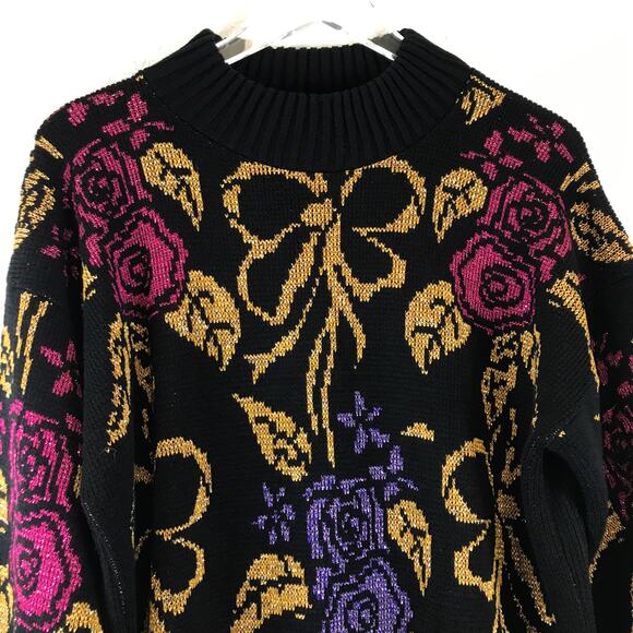 Vintage Metallic Knit Floral Rose Pullover Chunky Knit Holiday Sweater USA Made - Picture 3 of 8